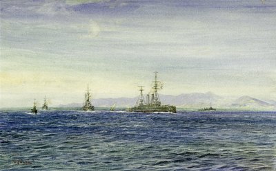 HMS "Albemarle", v zálivu Moray (Skotsko), trojúhelníkový vstup do Severního moře, tato válečná loď sloužila během první světové války jako hlídkový člun pro loďstvo v Lamanšském průlivu, poté sloužila jako ledoborec na pomoc lodi Archangel v roce 1916. od William Lionel Wyllie
