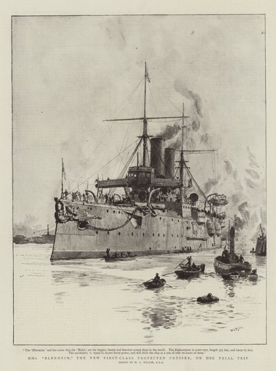 HMS Blenheim, nový chráněný křižník první třídy, na své zkušební cestě od William Lionel Wyllie