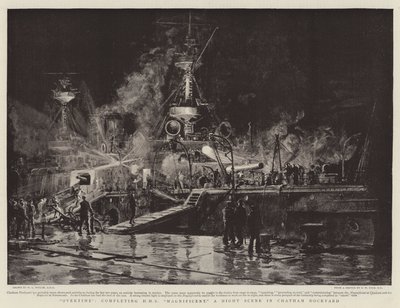 Přesčas, dokončení HMS Magnificent, Noční scéna v Chatham Dockyard od William Lionel Wyllie