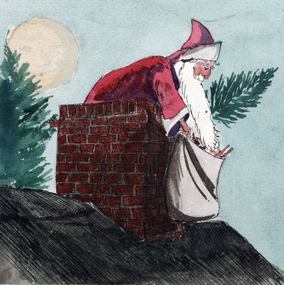 Santa Claus, který se spouští komínem a táhne pytel plný hraček a vánoční stromeček. Akvarel, počátek 20. století, autor William Lionel Wyllie (1851-1931). od William Lionel Wyllie