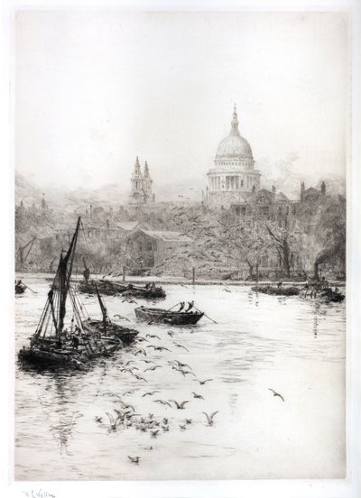 Lodní doprava a rackové pod St Pauls (akvarel) od William Lionel Wyllie