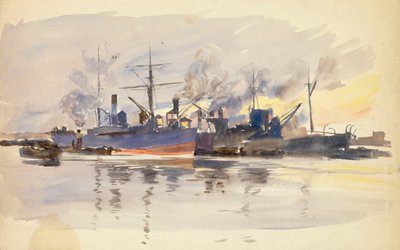 Skica obchodních lodí v přístavu, konec 19. až začátek 20. století (akvarel) od William Lionel Wyllie