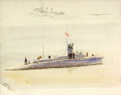 Ponorka J.5 a hrubý náčrt jiného bojového plavidla, počátek 20. století (akvarel, grafit) od William Lionel Wyllie