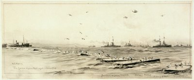 Německá flotila na volném moři v kleci ve Scapě, cca 1918 (praní, šedá, zesíleno bílou) od William Lionel Wyllie