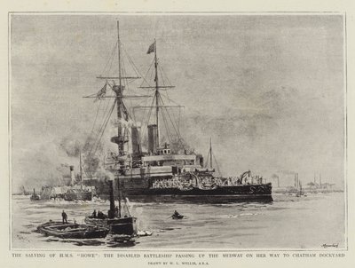 The Salving of HMS Howe, invalidní bitevní loď proplouvající Medway na své cestě do Chatham Dockyard od William Lionel Wyllie