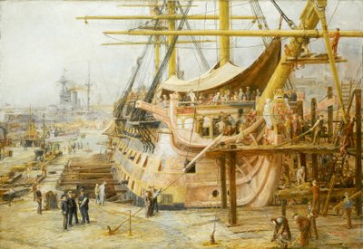 Obnova lodi HMS "Victory" v docích v Portsmouthu (Anglie) po zahájení rozsáhlé národní finanční akce na záchranu lodi z vítězství u Trafalgaru (1805), loď byla vrácena na vodu v dubnu 1925. od William Lionel Wyllie