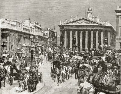 Bank of England a Royal Exchange v devatenáctém století, z „Obrázky Londýna: Kreslené perem a tužkou“, od reverenda Richarda Lovetta, vydáno 1890 od William Logsdail