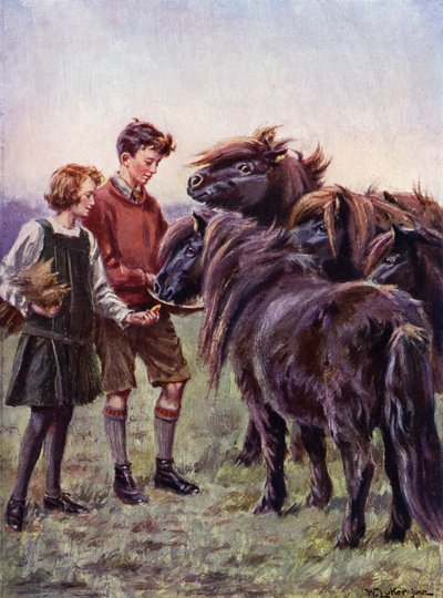 Chlapec a dívka krmí shetlandské poníky (barva litho) od William Luker