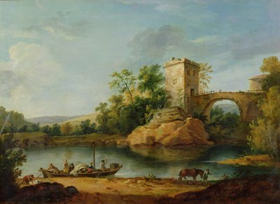 Zalesněná italská říční krajina s rolníky na člunu a mostem za nimi, kolem roku 1770 (akvarel) od William Marlow