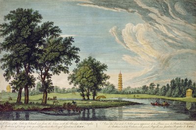 Kew, Pohled na jezero a ostrov z trávníku, s mostem, chrámy Arethusa a vítězství a Velkou pagodou v královských zahradách v Kew od William Marlow