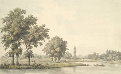 Pohled na jezero a ostrov z trávníku v Kew, 1763. od William Marlow