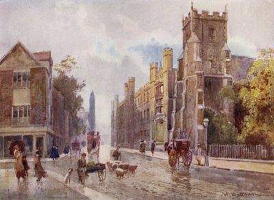 Kostel sv. Botolfa a Corpus College ze schodů Pitt Press, Trumpington Street od William Matthison