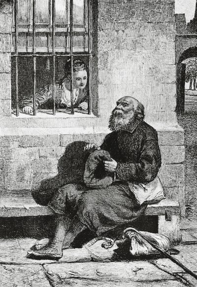 Slečna Wardour a žebrák Edie Ochiltree, ilustrace pro Antiquary, historický román Waltera Scotta (1771-1832), rytina po kresbě William McTaggart (1835-1910) od William McTaggart