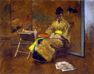 Dívka v japonských šatech. Kimono cca. 1887. od William Merritt Chase