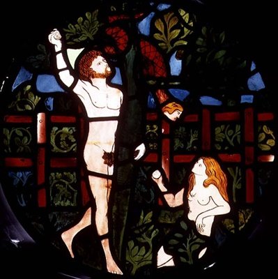 Adam a Eva sbírají ovoce, detail z okna Stvoření od William Morris