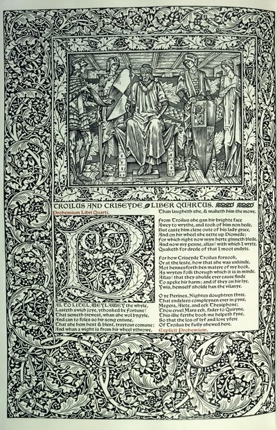 Scéna z "Troilus a Criseyde", historická iniciála "B", rukopis s plným okrajem stránky, 1896 od William Morris