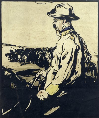 Prezident Theodore Roosevelt, ilustrace z „Dvanáct portrétů“, vydané v roce 1899 (ručně kolorovaný dřevěný blok) od William Nicholson