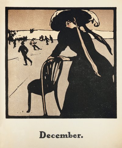 Měsíc prosinec: Bruslení, z „Almanachu dvanácti sportů“, se slovy Rudyarda Kiplinga, poprvé publikoval William Heinemann od William Nicholson