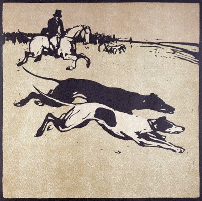Měsíc únor: Hare Coursing, z „Almanachu dvanácti sportů“, se slovy Rudyarda Kiplinga, poprvé publikoval William Heineman od William Nicholson