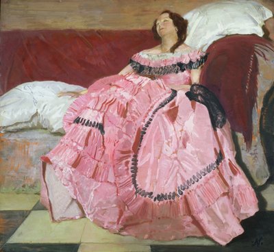 Růžové šaty (olej na panelu) od William Nicholson