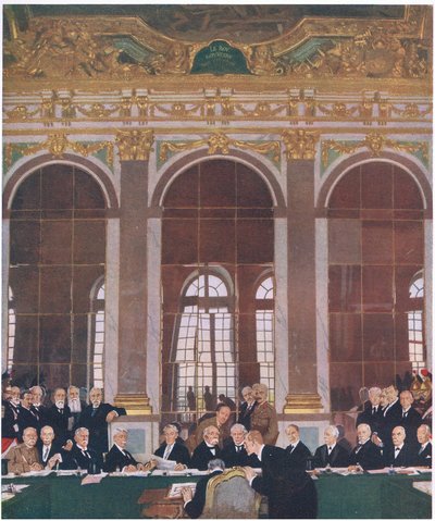 Podepsání míru v zrcadlovém sále, palác ve Versailles, 28. června 1919, z Cassell