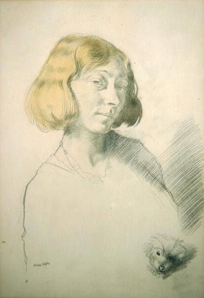 Vera Hone a její pes, asi 1912 (tužka a wash na papíře) od William Orpen