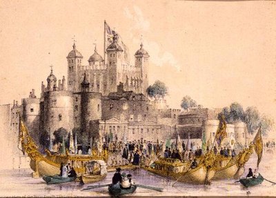 Nalodění Pravého Hon. Lord Mayor v Tower of London (litho) od William Parrott