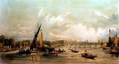 Waterloo Bridge ze západu se závodem lodí (litho) od William Parrott