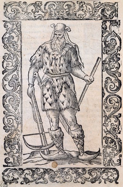 Muž s kožešinovými šaty, kuší a botami se zkroucenou špičkou (příklad základních lyží), ilustrace připisovaná Cesare Vecellio (1521-1601), vydaná v Itálii v 16. století od Nicolas Toussaint Charlet