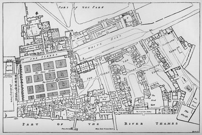 Zmenšená kopie Fishersova půdorysu královského paláce Whitehall, pořízeného za vlády Chara od William Patten