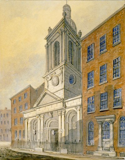 Severovýchodní pohled na kostel St Peter-le-Poer a Old Broad Street, City of London, 1815 od William Pearson