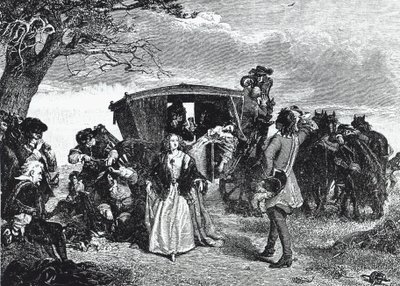 Highwayman Claude Duval zobrazený v legendárním okamžiku, kdy si odmítne vzít všechnu svou kořist, pokud s ním manželka jeho oběti zatančí „courante“ na Hounslow Heath (rytina) od William Powell (after) Frith