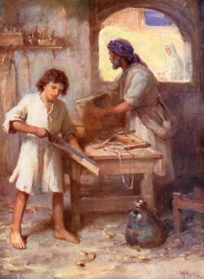 Ježíš v tesařově dílně, Lukáš ii, 51, 52 (barevná litografie) od William Pratt