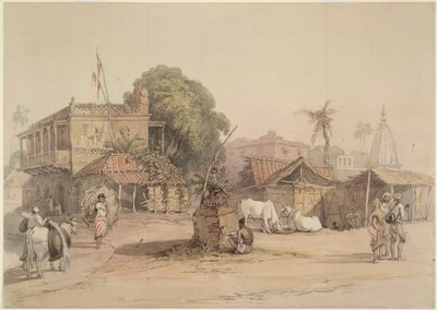 Vesnická scéna s malým oltářem „tulsi“ a nosičem vody se svým býčkem, Indie cca 1830-40 od William Prinsep