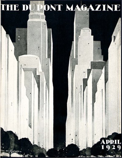 Mrakodrapy, přední strana časopisu DuPont Magazine, duben 1929 od William R. Jr. Hollingsworth