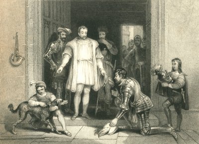„Bolingbrokeova falešná pocta Richardu II., na zámku Flint“, 1836 od William Radclyffe