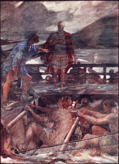 Caesar a pilot, ilustrace z "Plutarchových životů pro chlapce a dívky", převyprávěl W. H. Weston, Londýn, cca 1910 (barevná litografie) od William Rainey