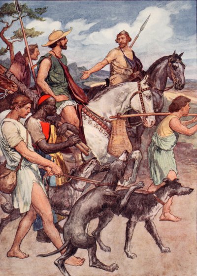 Pelopidas na cestě do Théb, ilustrace z "Plutarchova života pro chlapce a dívky", převyprávěl W. H. Weston, Londýn, cca 1910 (barevná litografie) od William Rainey
