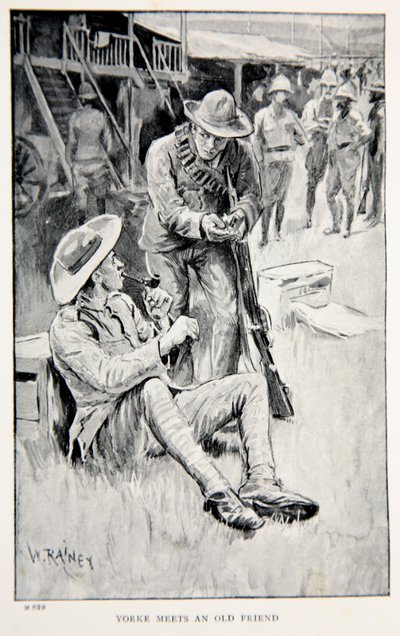 Yorke se seznámí se starým přítelem, ilustrací k filmu „S Robertsem do Pretorie: Příběh jihoafrické války“ od G.A. Henty, hospoda. Londýn, 1902 od William Rainey
