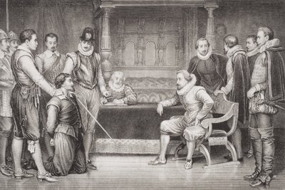 Guy Fawkes (1570-1606) vyslýchaný Jamesem I. (1566-1625) a jeho radou v královské ložnici, z 