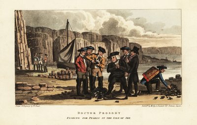 Angličtí turisté sledují skotské rybáře otevírající perlové ústřice na skotském Isle of Skye od William Read
