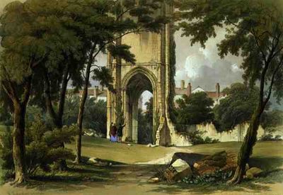 Gray Friars, Richmond, pohled na věž, z „The Monastic Ruins of Yorkshire“, vyryl George Hawkins (1819-52) od William Richardson