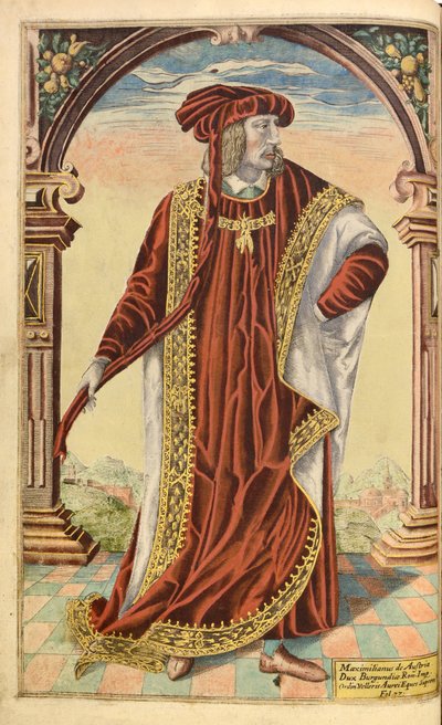 Císař Maxmilián I., čestný vojenský a civilní, William Segar, hospoda. Robert Barker, Londýn, 1602 (ručně kolorovaná rytina) od William Rogers