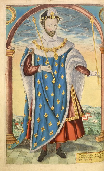 Jindřich III z Francie, z nHonor Military, a Civill, William Segar, hospoda. Robert Barker, Londýn, 1602 (ručně kolorovaná rytina) od William Rogers