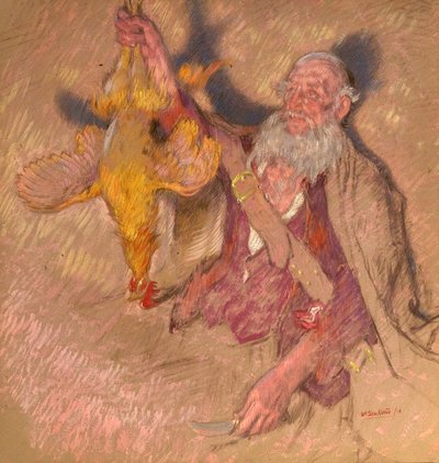 Studie muže držícího kohouta pro Highland Raiders, 1918 (olej na papíře) od William Shackleton