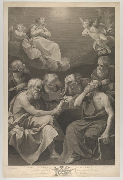 Církevní lékaři prohlížejí knihy a dokumenty a kontemplují Pannu Marii, která ..., 1785 od William Sharp