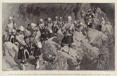 Po bitvě o Dargai snášejí Gordon Highlanders zabité a zraněné Gurkhy z akční scény od William Small