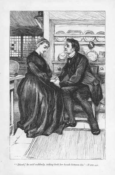 Po zkouškách a souženích v příběhu Adam Bede vyzná svou lásku k Dinah Morris, metodistické kazatelce. Adam Bede od George Eliota, poprvé publikováno 1859. Ilustrace William Small (1843-1929) z vydání vydaného kolem roku 1885. od William Small