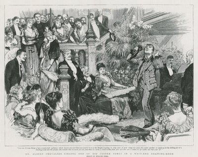 Pan Albert Chevalier zpívá jednu ze svých costerových písní v salonu ve West Endu (rytina) od William Small