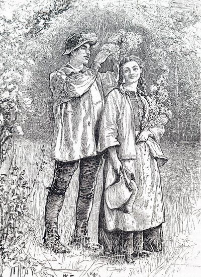 Korunování májové královny věncem z hlohu jejím milým. William Small (1843-1929), anglický ilustrátor od William Small